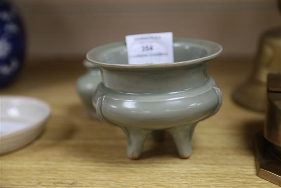 A Chinese celadon tripod censer and jarlet and a qingbai dish, censer 9cm high